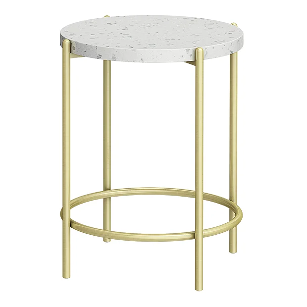 Arezzo White Terrazzo Round Bathroom Side Bath Table With Brushed Brass Frame - Image 2
