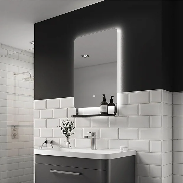 Arezzo Matt Black 800 X 500mm Backlit LED Bathroom Mirror With Hanging Shelf & Anti-Fog